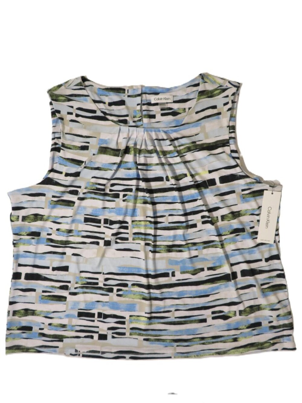 NWT‎ Calvin Klein 3X Blouse Abstract Stripe Pleated Neck Sleeveless Career Top